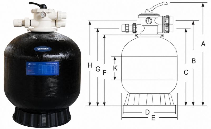 Bình lọc bể bơi Minder M series Kích thước bình lọc Minder M series