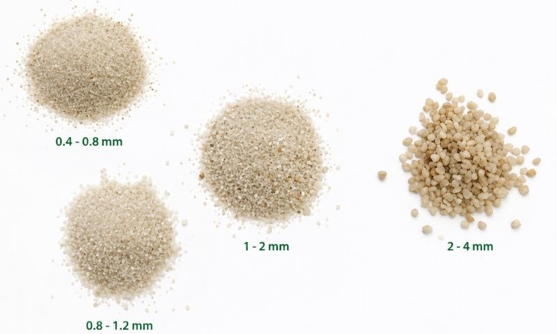 Cát lọc nước thạch anh Các kích thước của cát lọc thạch anh