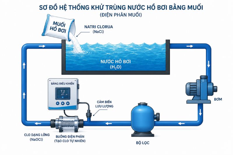 Quy trình khử trùng với bể bơi ứng dụng công nghệ điện phân muối