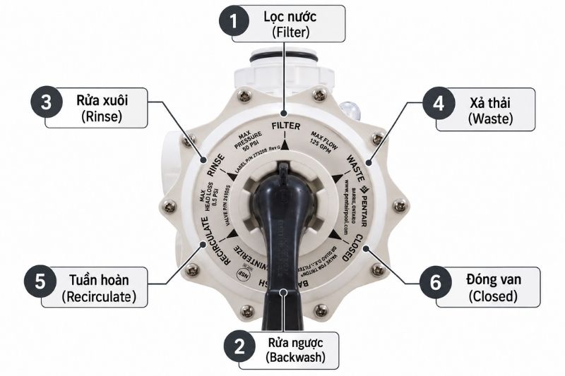 Chú thích 06 chức năng trên tay van bình lọc (thứ tự đánh số chuẩn)