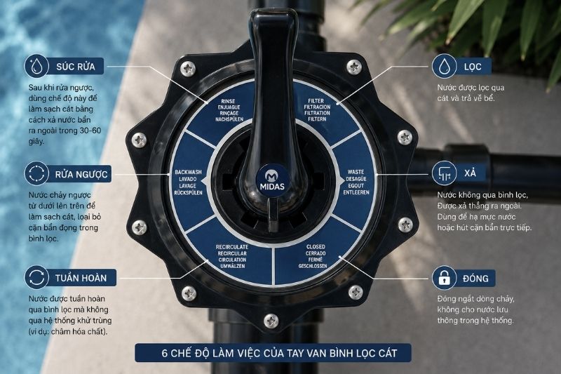 Bình lọc bể bơi Midas.Carbon Van 06 chức năng của Midas