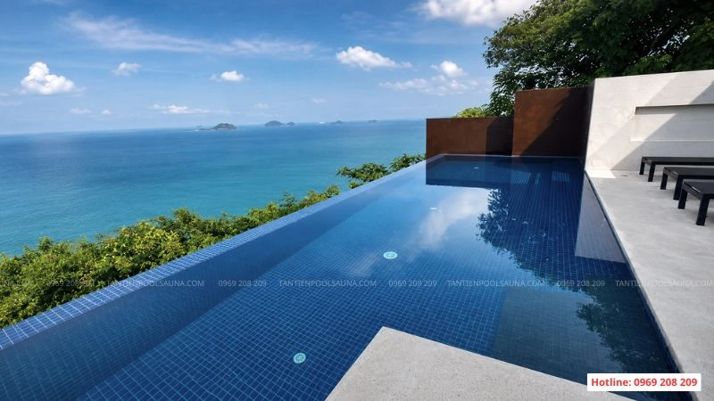 Tư vấn thiết kế & thi công bể bơi vô cực hiện đại nhân đôi thẩm mỹ Thi công bể bơi vô cực Tân Tiến