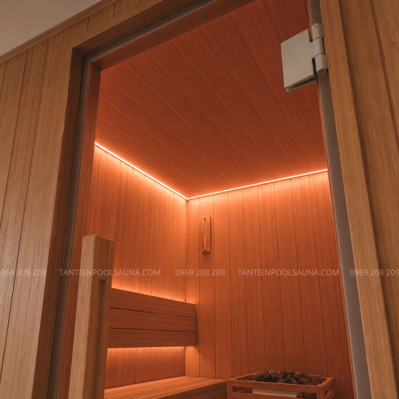 Phòng xông hơi khô Heatex ExR04 HEM-K Nội thất sang xịn của phòng xông khô 4-5 người dùng, thuộc bộ sưu tập phòng xông Heatex của Tân Tiếnd