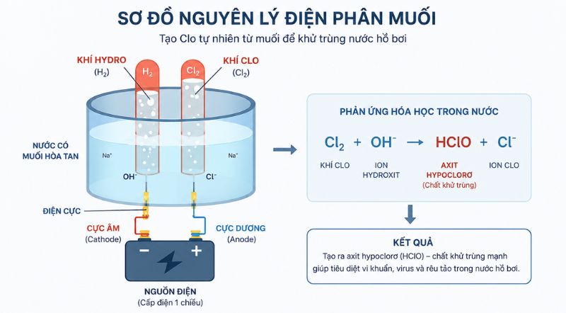 Bể bơi điện phân muối là gì? Cấu tạo, nguyên lý hoạt động, ưu nhược điểm và chi phí đầu tư Qúa trình điện phân muối