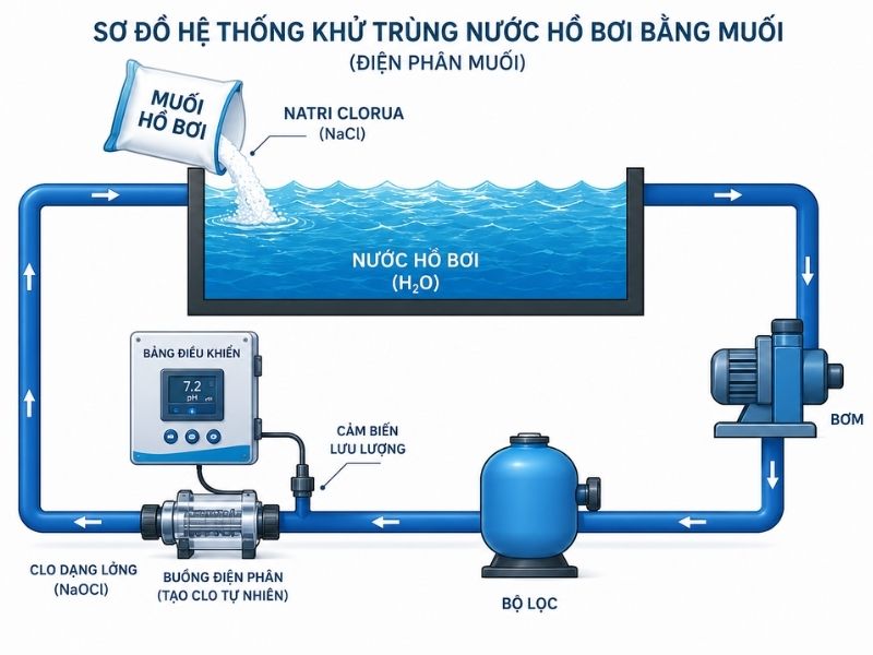 Bể bơi điện phân muối là gì? Cấu tạo, nguyên lý hoạt động, ưu nhược điểm và chi phí đầu tư Sơ đồ toàn bộ quá trình điện phân muối bể bơi
