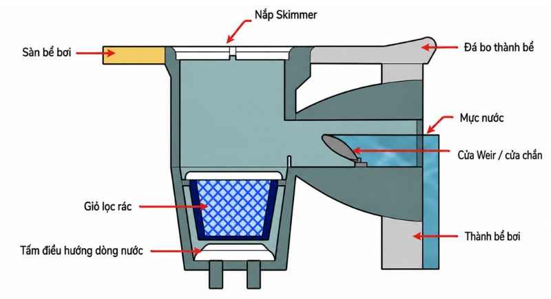 Bể bơi Skimmer là gì? Cấu tạo, nguyên lý và cách thiết kế Cấu tạo của phụ kiện skimmer bể bơi