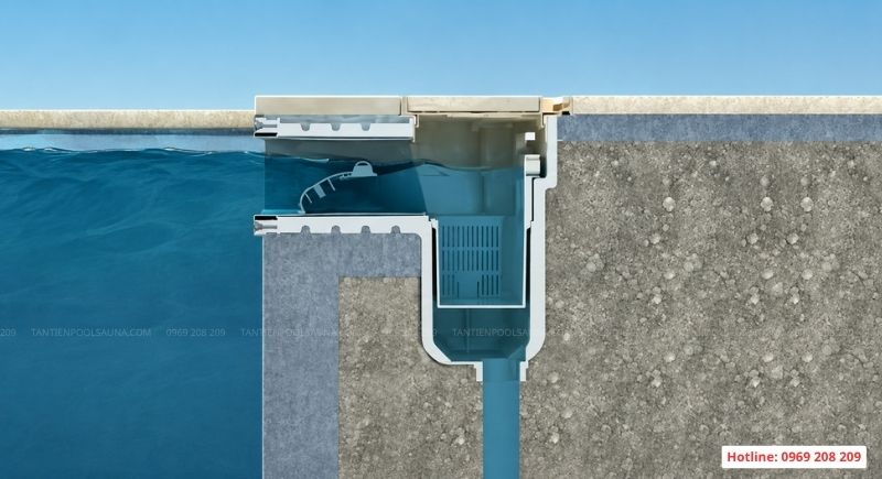 Bể bơi Skimmer là gì? Cấu tạo, nguyên lý và cách thiết kế Mô phỏng cao độ của mực nước so với miệng thu nước skimmer