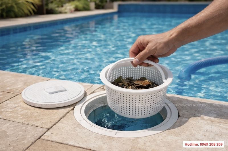 Bể bơi Skimmer là gì? Cấu tạo, nguyên lý và cách thiết kế Mở và xử lý giỏ lọc rác của skimmer