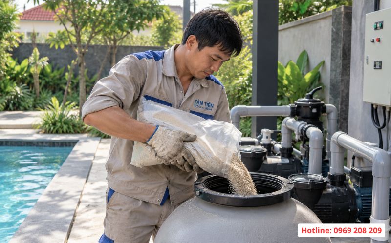Đổ cát lọc vào bình lọc