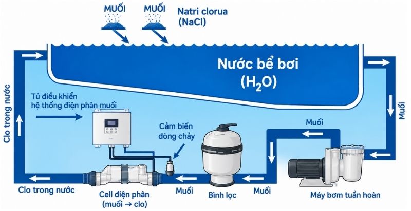 Sơ đồ tuần hoàn nước khép kín với điện phân muối