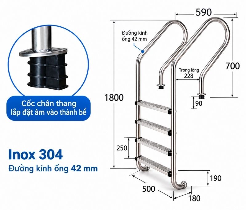 Thang bể bơi 4 bậc SF415 Kích thước chi tiết thang 4 bậc SF415