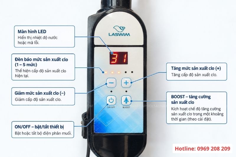 Bộ điện phân muối Laswim EC Plus Màn hình hiển thị của EC Plus