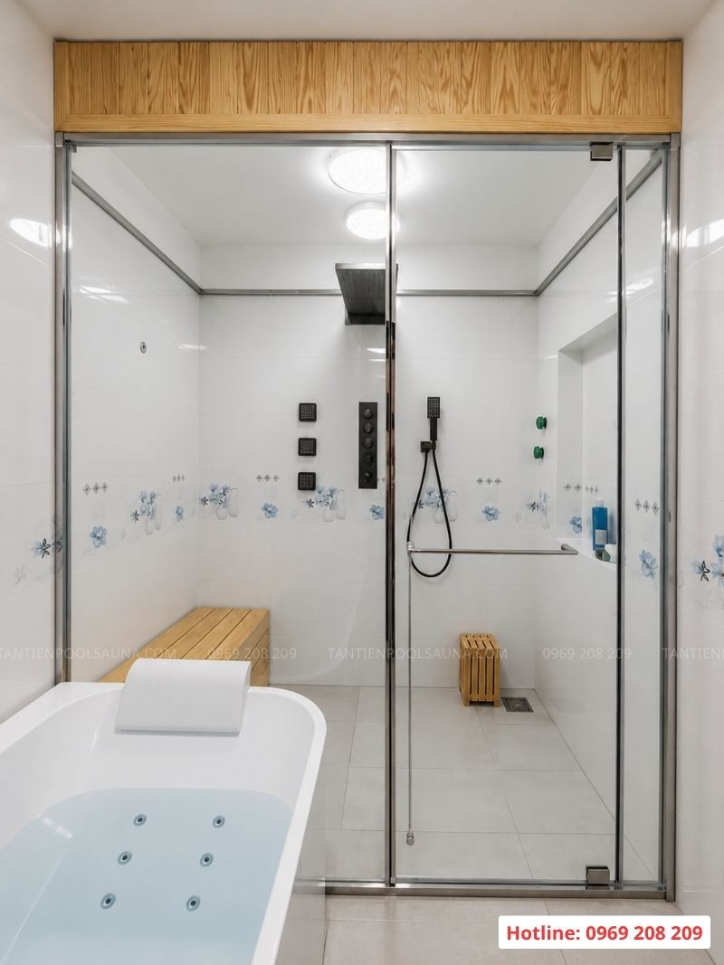 Cabin xông hơi ướt với hệ kính slim tối giản, sang trọng sau khi hoàn thành