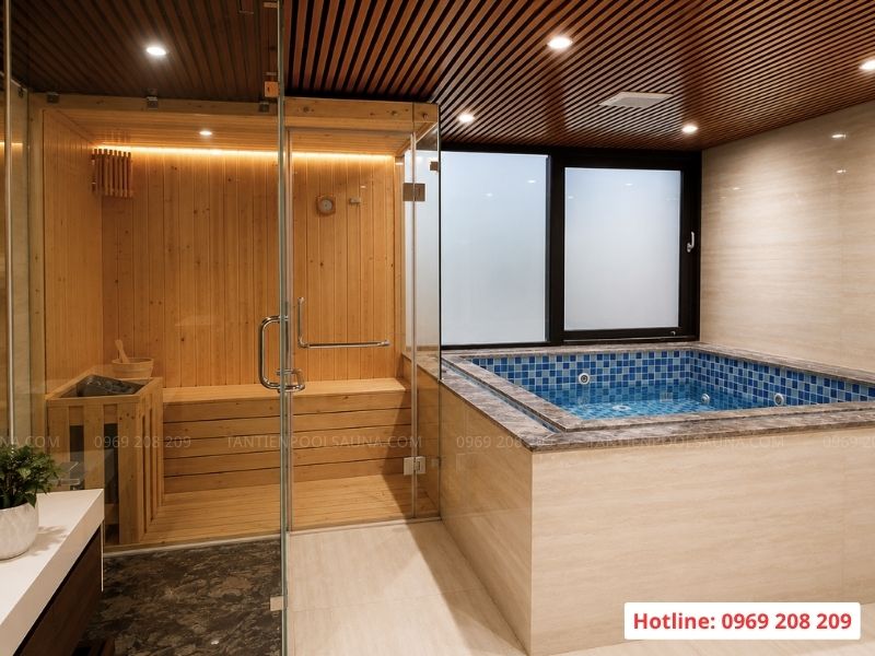 Tổ hợp phòng xông hơi và bể sục massage tại biệt thự Vườn Đào, Tây Hồ Tổ hợp thư giãn xông khô,ướt, sục tại Tây Hồ