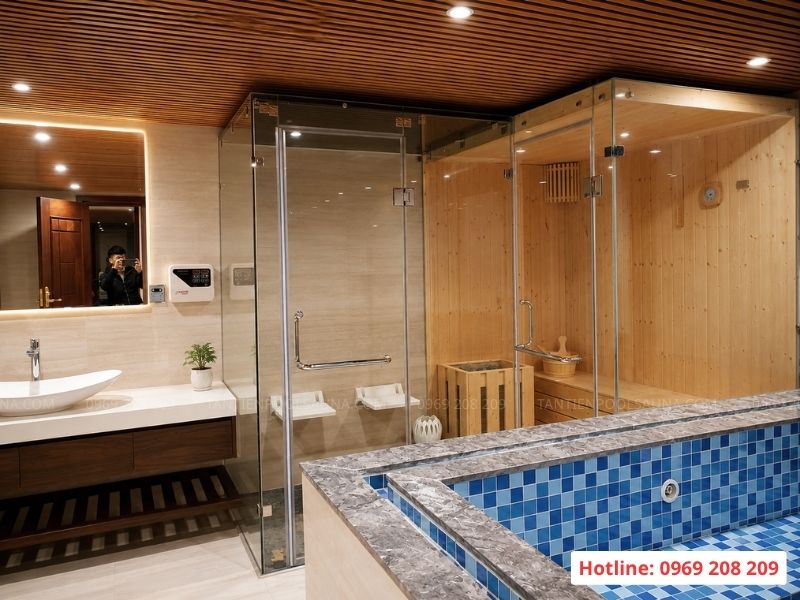 Tổ hợp phòng xông hơi và bể sục massage tại biệt thự Vườn Đào, Tây Hồ Tổ hợp thư giãn xông khô,ướt, sục tại Tây Hồ